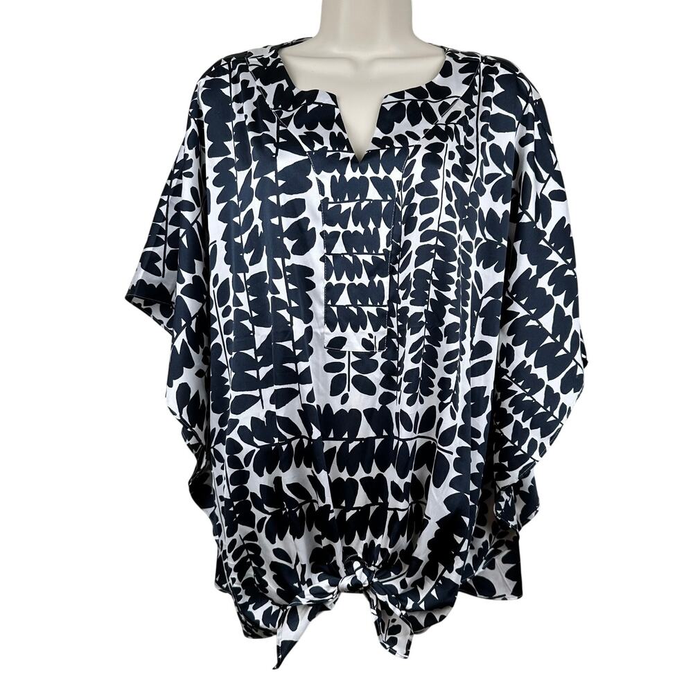 Chico's Blouse Top Batwing Sleeve Tropical Tie Front Satin Navy Chico 3 US 16